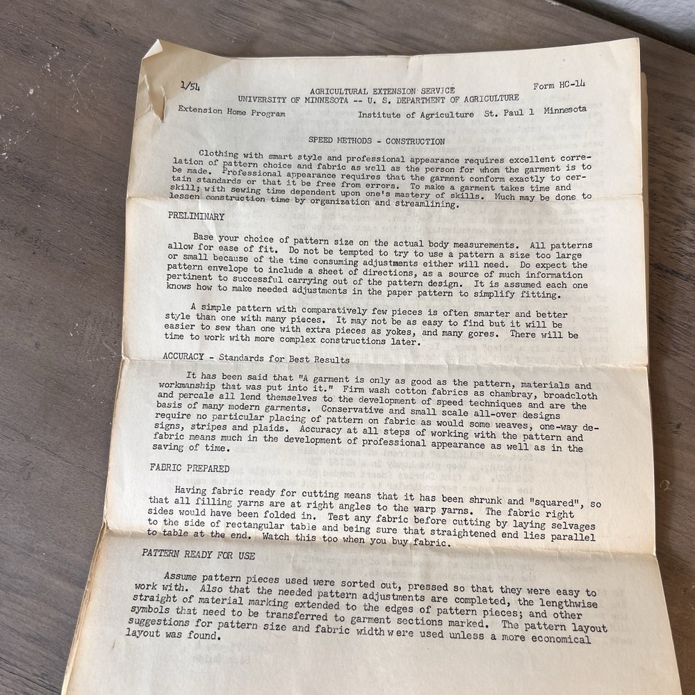 1954 University of Minnesota Sewing Bulletins Lot‎ Speed Methods Construction